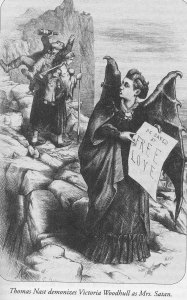 Cartoon showing Victoria Woodhull as Mrs. Satan